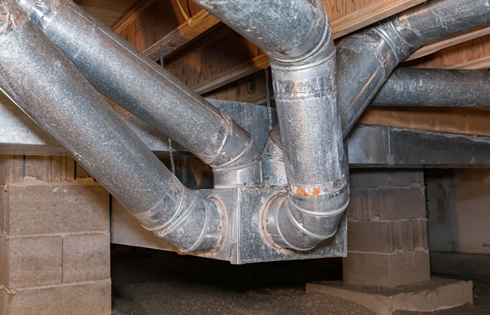 An image of metal HVAC ductwork under a house, illustrating Aeroseal cost and related facts homeowners need to know.