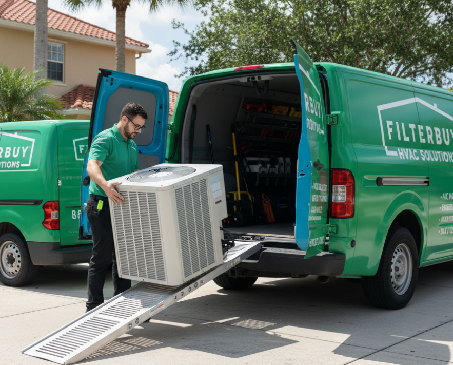 Filterbuy HVAC technician unloading a new AC unit from a service van for residential replacement, showcasing energy-efficient system upgrades.