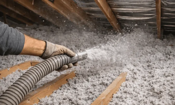 view of blown-in insulation machine installing loose-fill insulation in an attic for improved home energy efficiency and comfort