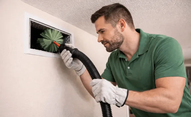 HVAC technician cleaning a residential air duct system to improve indoor air quality and energy efficiency for homes and businesses.