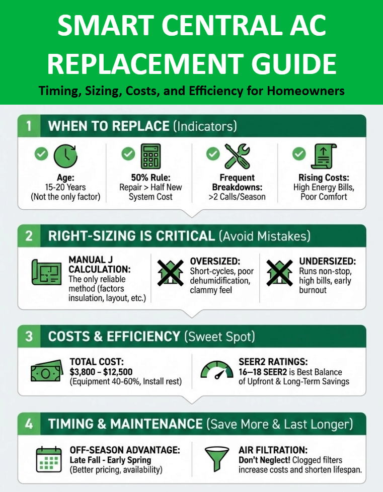 Infographic of Central AC Replacement: Don't Overpay or Undersize — What Every Homeowner Should Know About Timing, Costs, and Efficiency Ratings