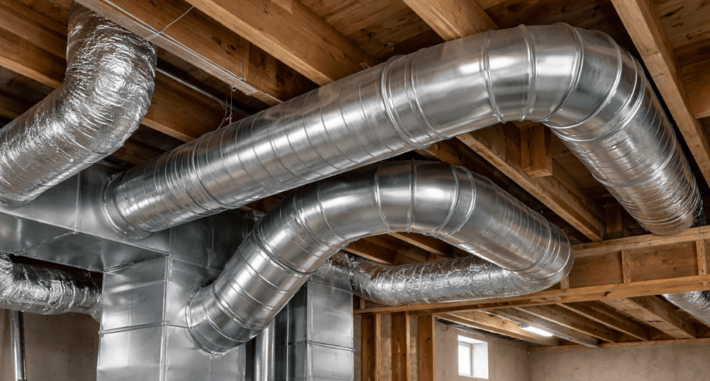 An image of residential HVAC ductwork and metal air ducts installed along an exposed basement ceiling, illustrating the meaning of duct and ductwork in a home air distribution system.
