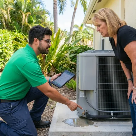 Filterbuy HVAC technician inspecting an outdoor air conditioning unit with a customer, discussing potential repairs.