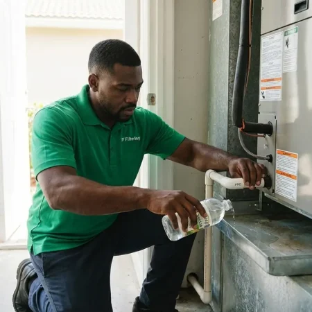 Filterbuy HVAC technician performing maintenance on a furnace unit in a residential setting.